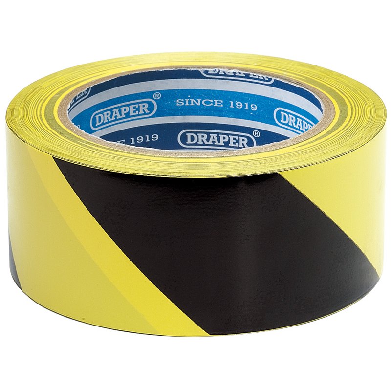 Draper Adhesive Hazard Tape Roll 33m x 50mm Black and Yellow 63382