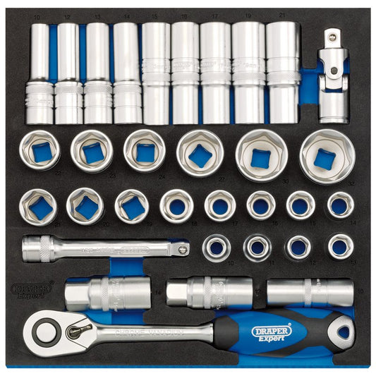 Draper Socket Set in 1/2 Drawer EVA Insert Tray 1/2" 33 pc Deep & Standard 63535