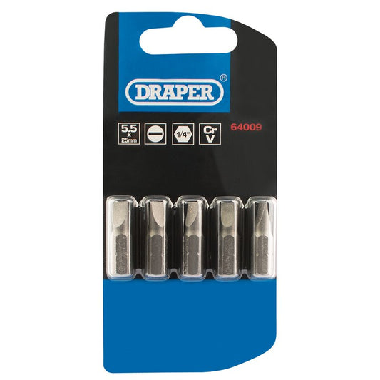 Draper Plain Slot Screwdriver Bit 5.5mm 1/4" Hex 25mm Long (Pack of 5) 64009