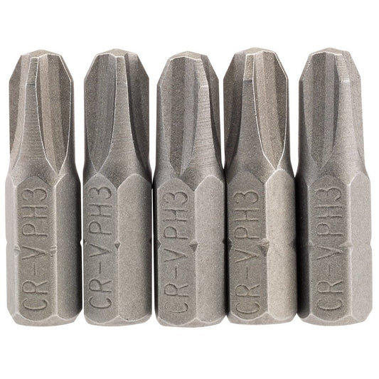 Draper No.3 Cross Slot Screwdriver Bit 1/4" Hex 25mm Long (Pack of 5) 64023