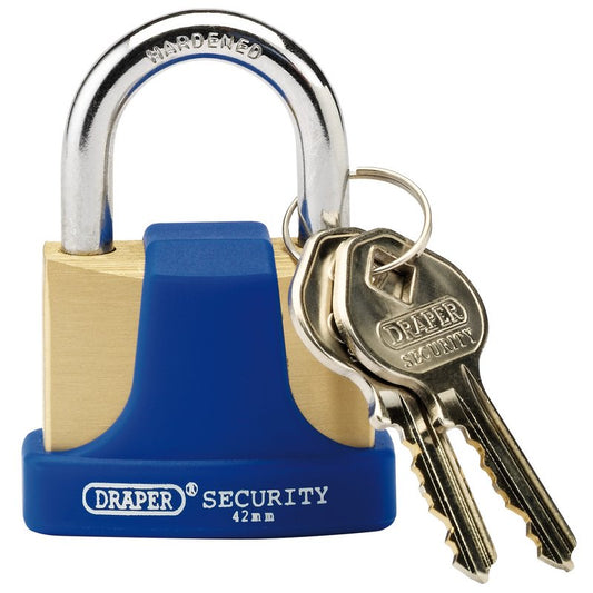 Draper 42mm Solid Brass Padlock 2 Key Hardened Steel Shackle and Bumper 64165