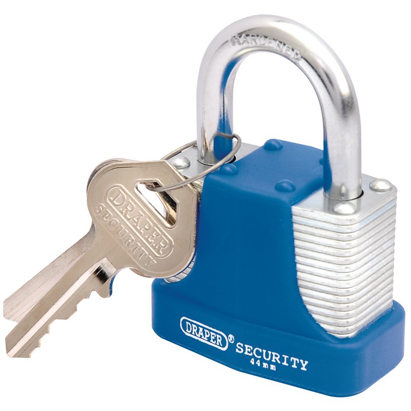 Draper 44mm Laminated Steel Padlock 2 Key Hardened Steel Shackle Bumper 64181
