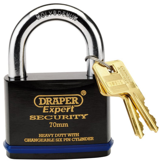 Draper 70mm Heavy Duty Padlock 2 Keys Super Tough Molybdenum Steel Shackle 64195
