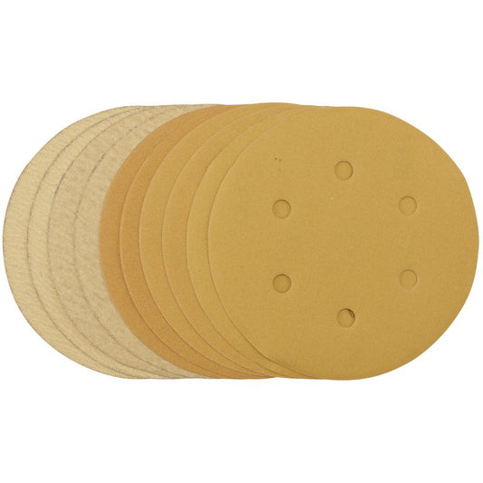 Draper Gold Sanding Discs Hook & Loop 150mm Assorted Grit 6 Holes 10 Pack 64284
