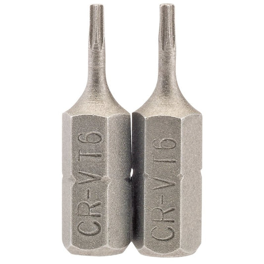 Draper T6 Torx Star Screwdriver Bit 1/4" Hex 25mm Long (Pack of 2) 66338