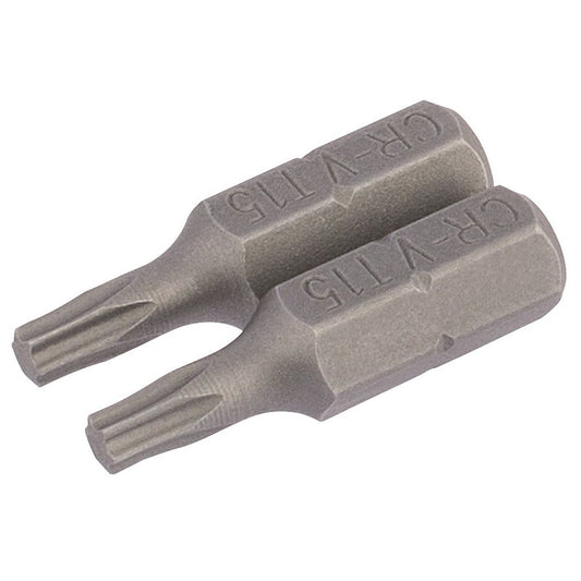Draper T15 Torx Screwdriver Insert Bit 1/4" Hex 25mm Long Pack of 2 66429