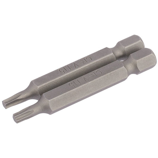Draper T15 Torx Star Screwdriver Bit 1/4" Hex 50mm Long (Pack of 2) 66487