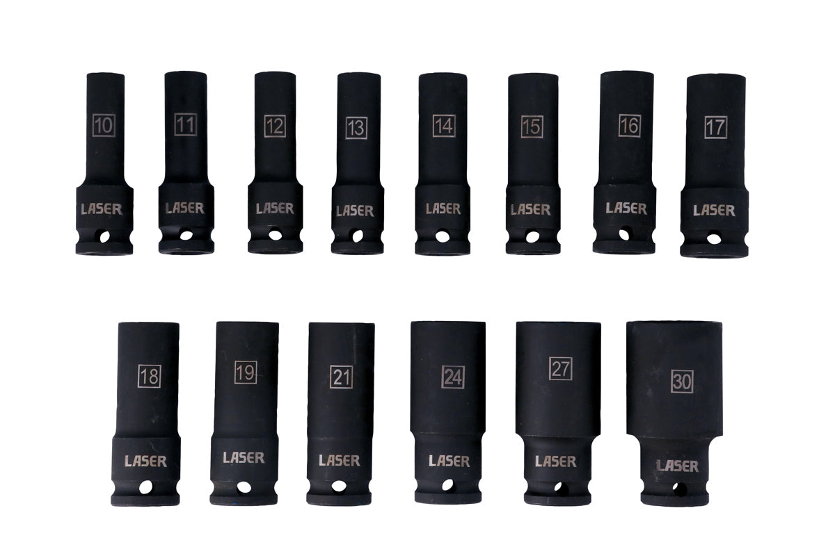 Laser Tools Metric Deep Impact Socket Set 1/2"D single hex 14pc 6712