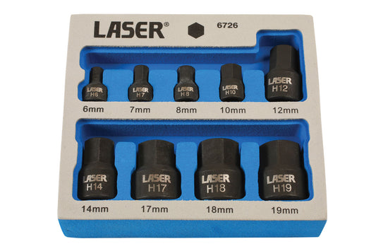 Laser Tools Low Profile Impact Hex Socket Bit Set 1/4"D, 3/8"D 9pc 6726