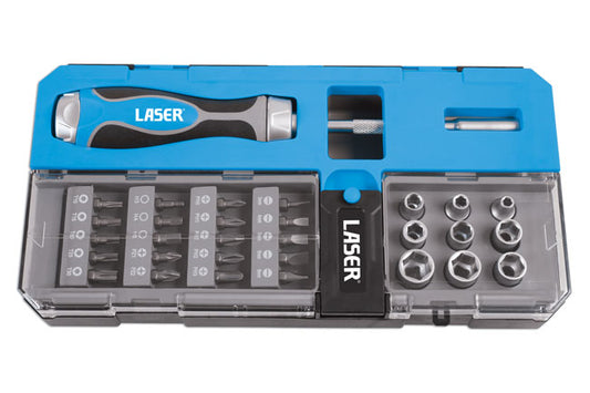 Ratchet Screwdriver Bit and Socket Set 33pc soft grip handle & storage case