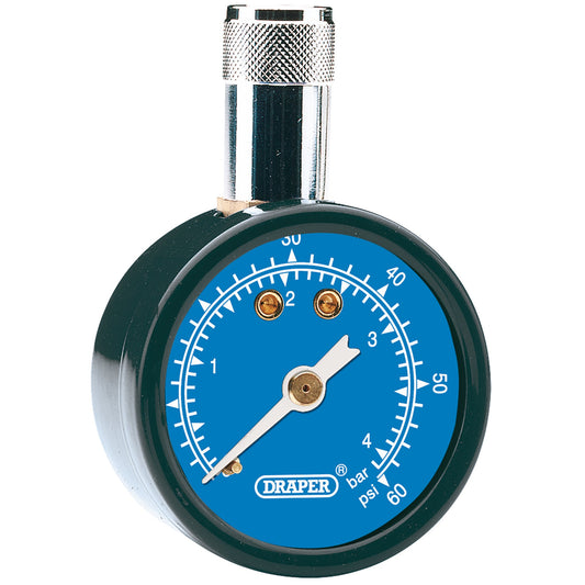Draper Tyre Pressure Gauge 0 - 60psi 0 - 4 bar Straight Pushon Valve Chuck 69923