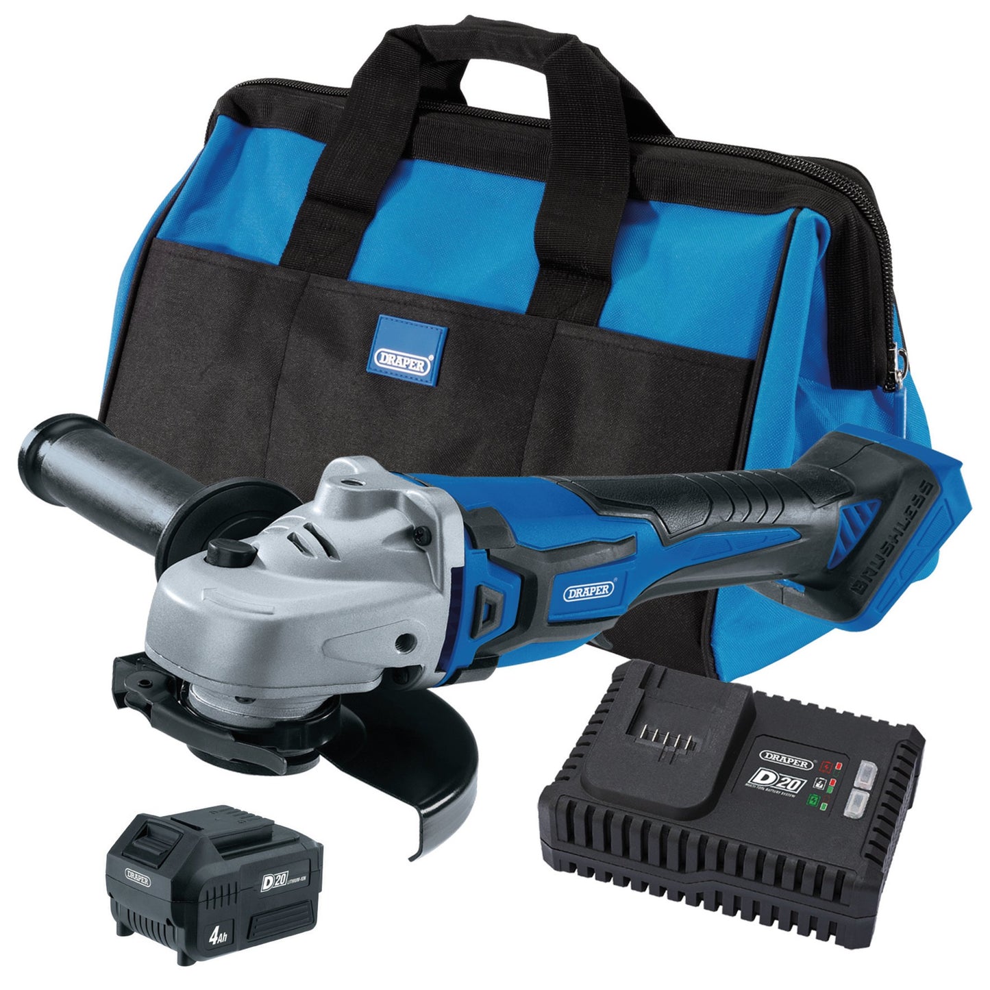 Draper D20 20V Angle Grinder Kit 4.0Ah Battery Fast Charger in 28L Tool Bag 70368