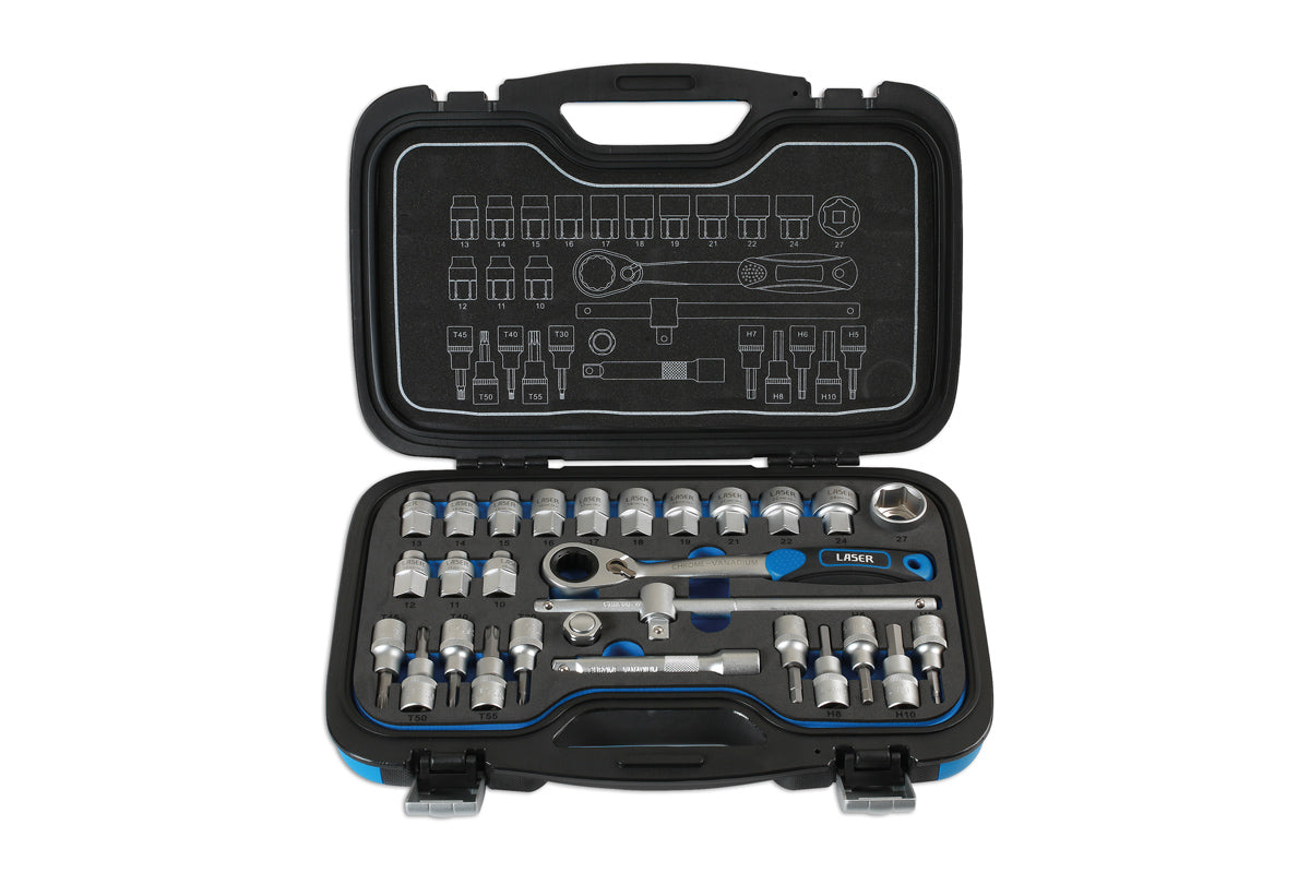 Laser Tools Metric Go Thru Socket Set 1/2"D 28pc Inc Torx And Hex Bits 7054