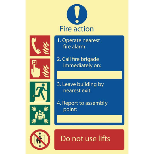 Draper Glow In The Dark Fire Action Procedure Mandatory Sign PVC Adhesive 72157