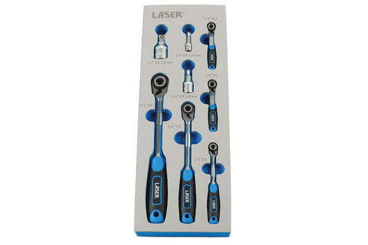 Laser Micro Head Ratchet Set 1/4"D 3/8"D 1/2"D 8pc Inc 3 Wobble Extensions 7548