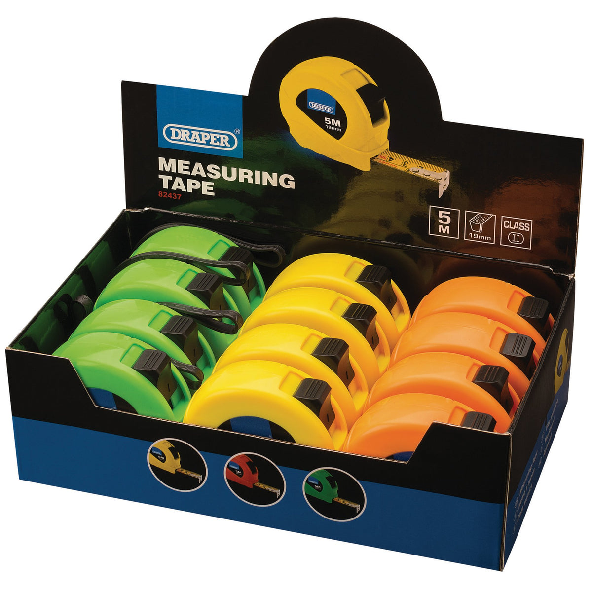 Draper ****Measuring Tapes, 5m/16ft x 19mm, 3 Colours (Dispenser of 12)