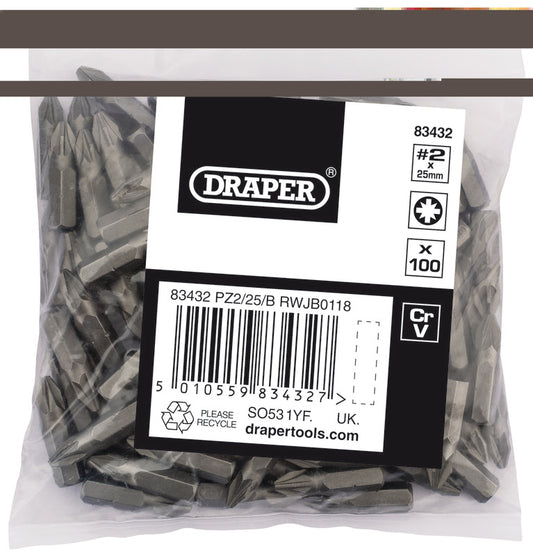 Draper No.2 PZ Screwdriver Bits 1/4" (Bag of 100) 83432