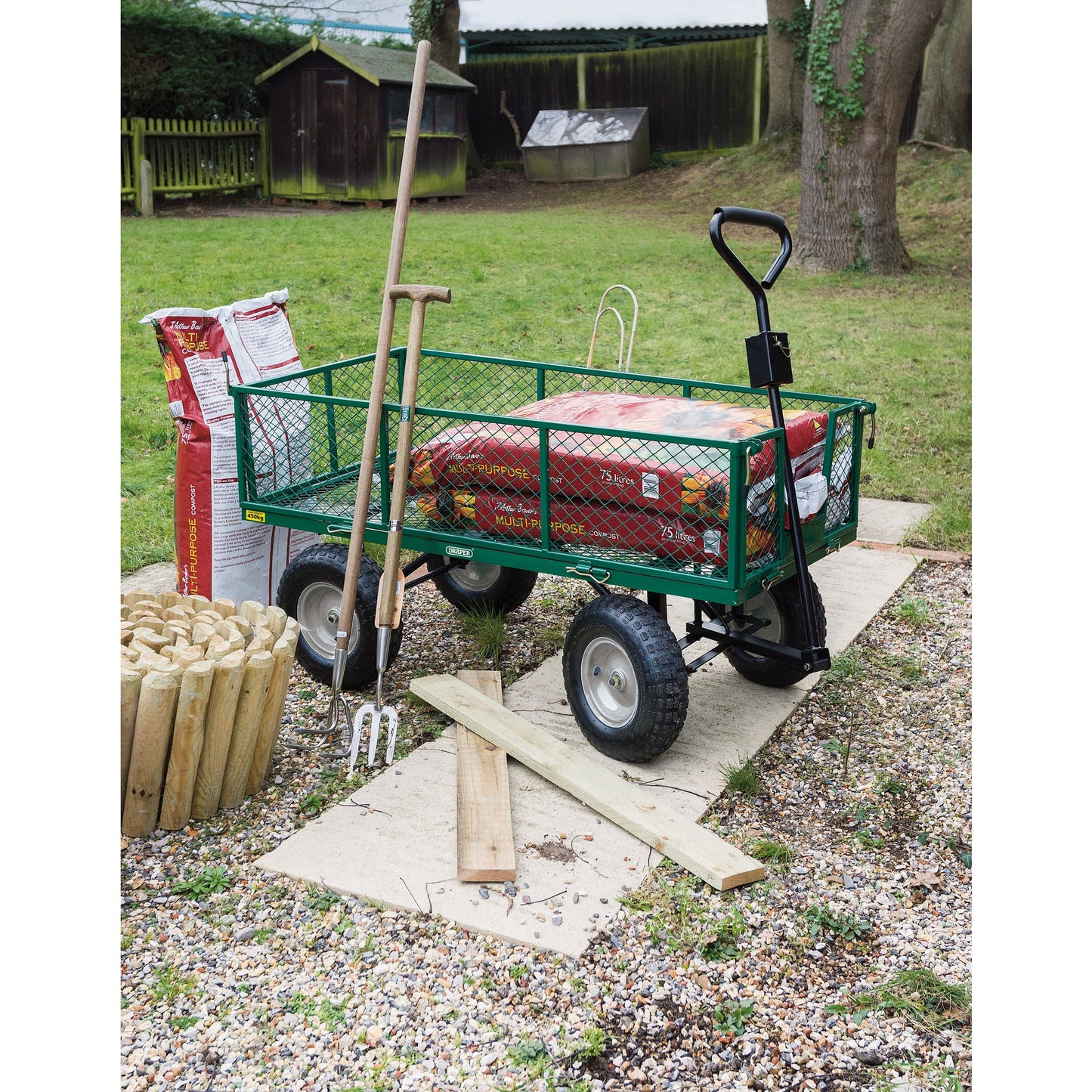 Draper Heavy Duty Steel Mesh Cart 450kg Fold Down Sides Pneumatic Wheels 85634