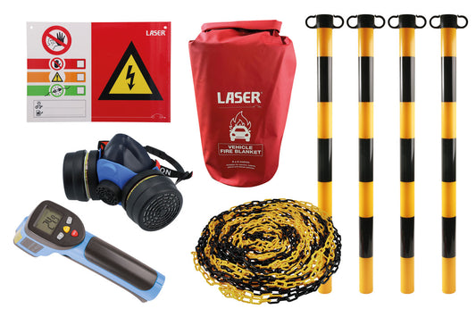 Laser Tools EV Hybrid Battery Hazard Pack With Posts Sign Set Fire Blanket 8859