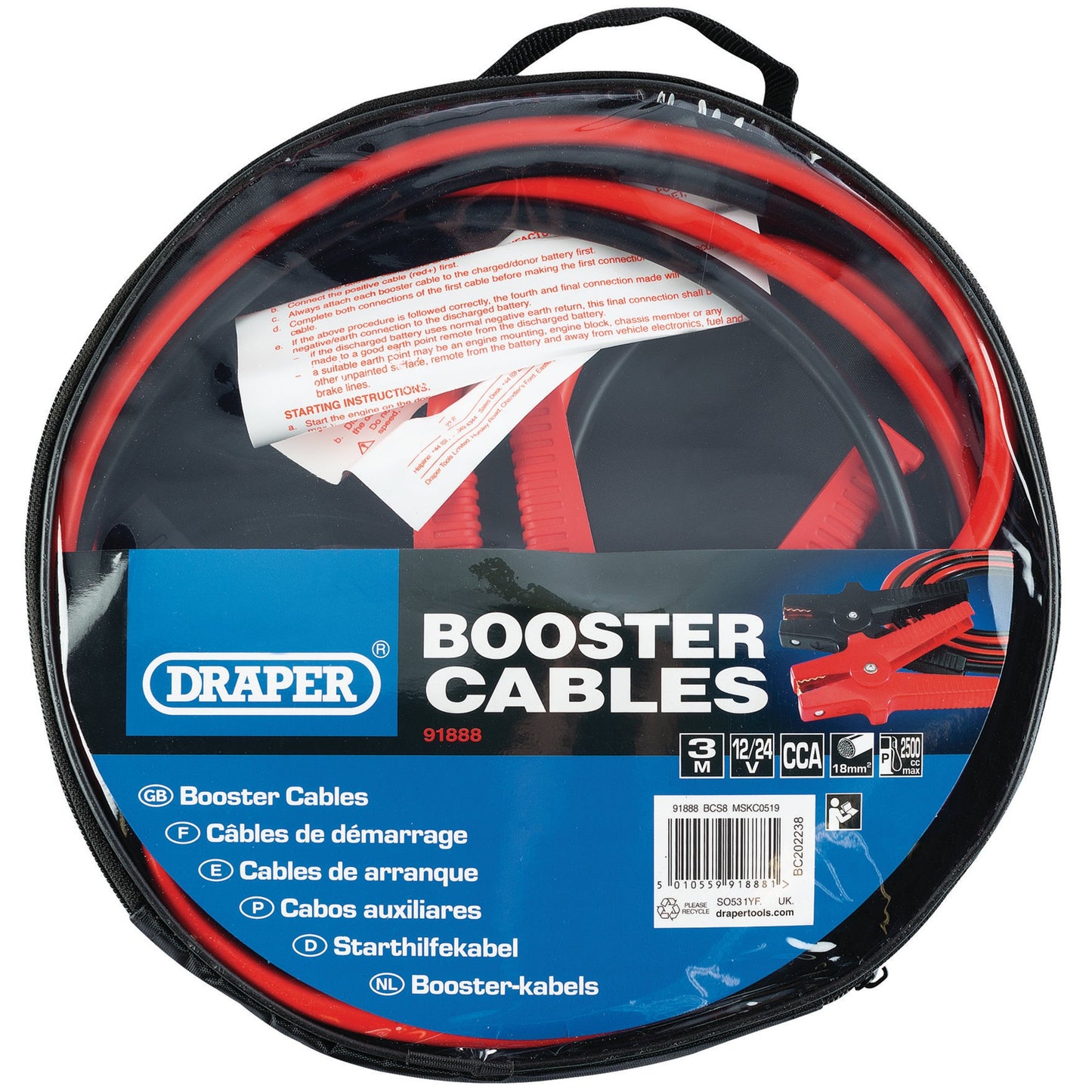 Draper Booster Cables 3m x 18mm for 6V/12V Systems Motorbikes Cars etc 91888