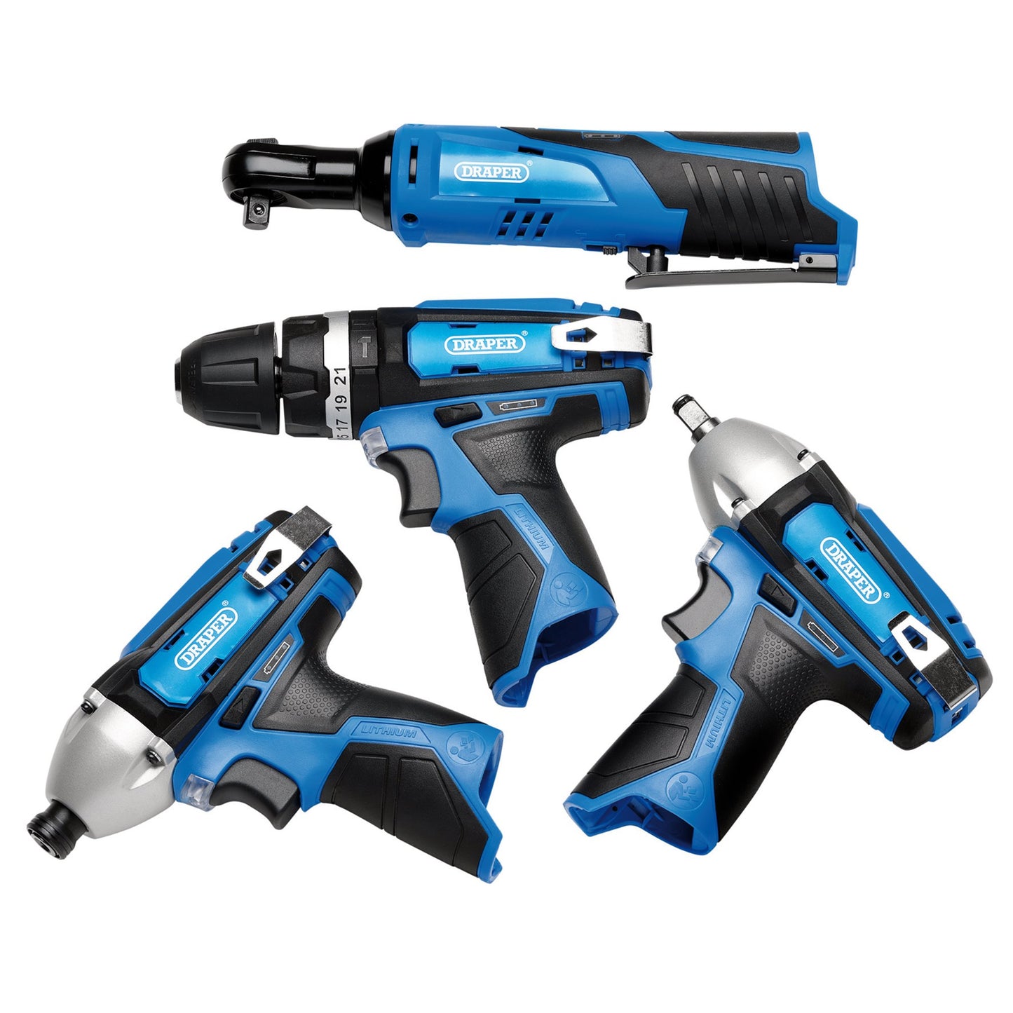 Draper 12V Drill Driver, Ratchet, impact wrench & Driver Kit 2 x Batteries 93446