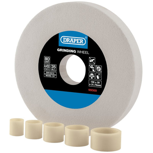 Draper Aluminium Oxide Bench Grinding Wheel 150 x 20mm 80 Grit White 99569