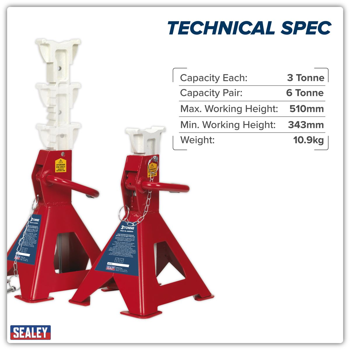 Sealey Axle Stands (Pair) 3tonne Capacity per Stand Auto Rise Ratchet AAS3000