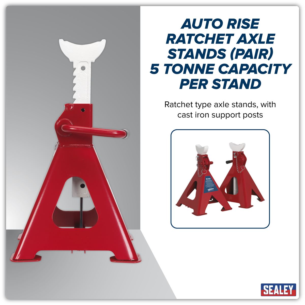 Sealey Axle Stands (Pair) 5 Tonne Capacity per Stand Auto Rise Ratchet AAS5000