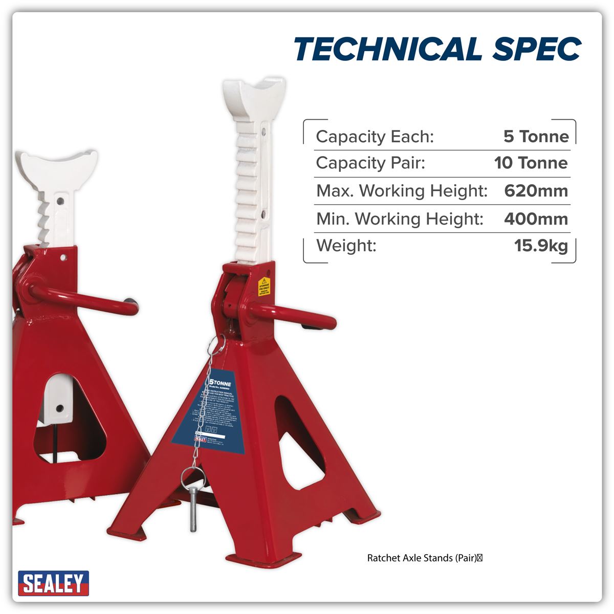 Sealey Axle Stands (Pair) 5 Tonne Capacity per Stand Auto Rise Ratchet AAS5000