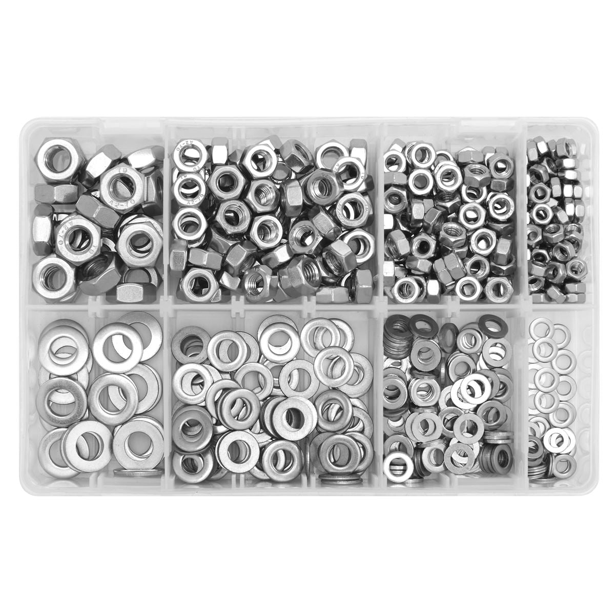 Sealey Stainless Steel Nut and Washer Assortment 500pc M5-M10 AB077NW