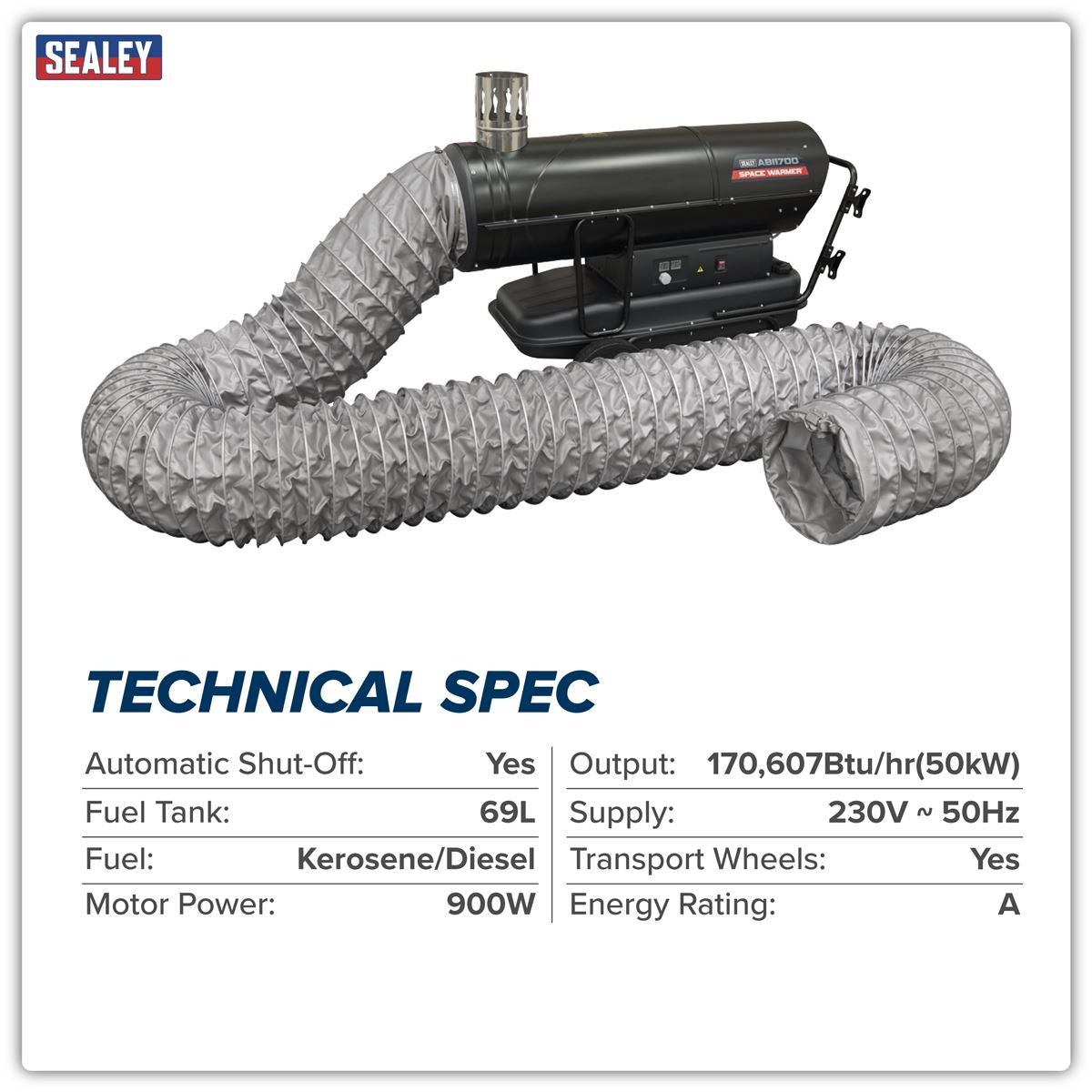 Sealey Space Warmer Kerosene Diesel Heater 170,000 Btu 5M Ducting ABI1700COMBO