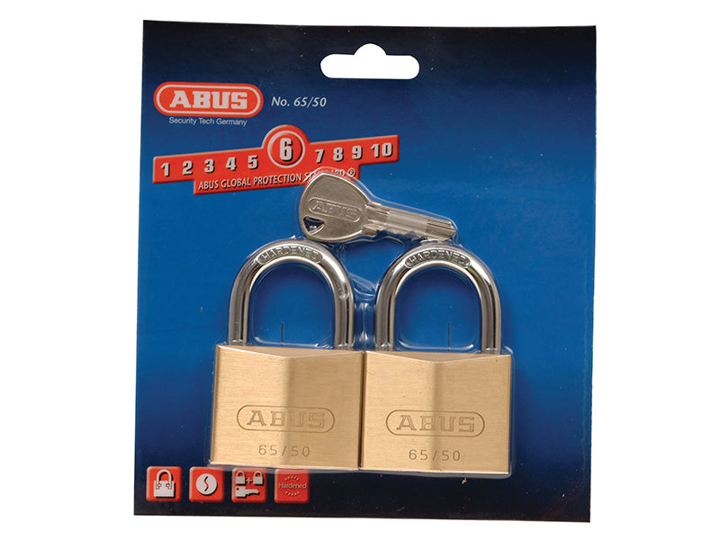 ABUS Mechanical 65/50mm Brass Padlock Twin Pack Carded ABU6550TC