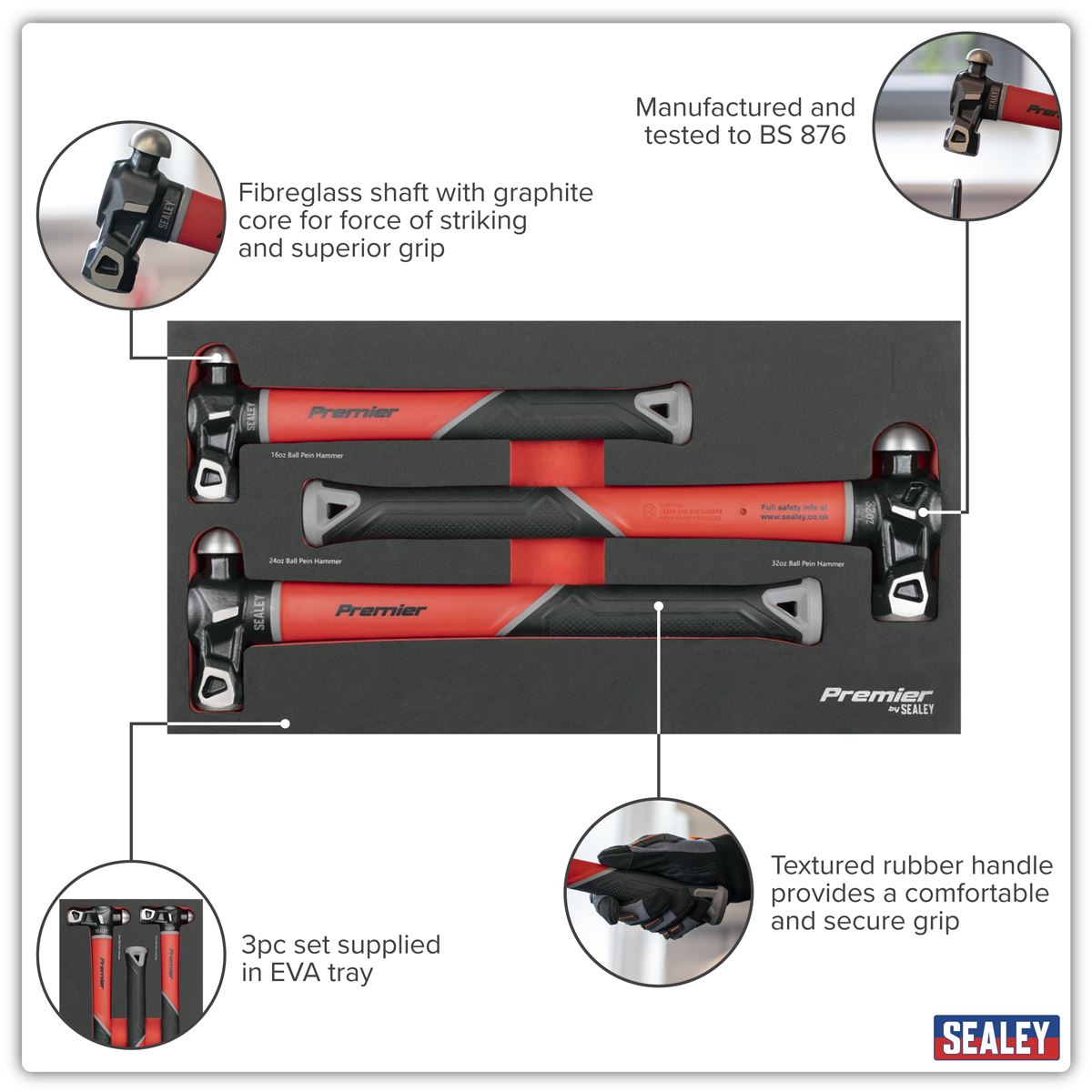 Sealey Premier Ball Pein Hammer Set with Fibreglass Shafts 3pc Eva Tray AK2033