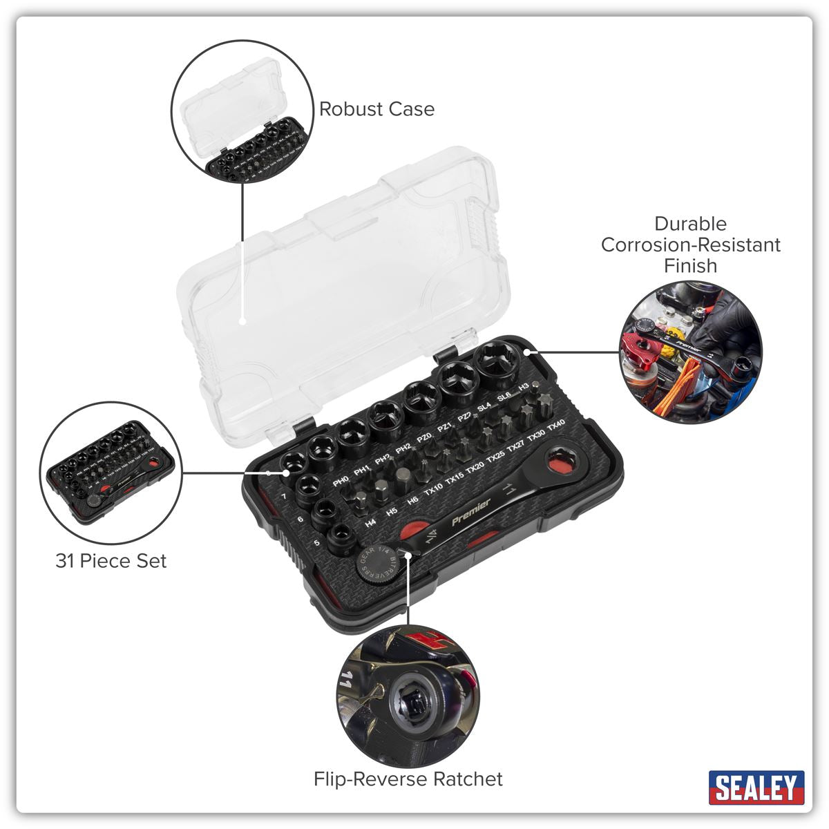 Sealey Premier Go-Through Low Profile Socket & Bit Set 1/4"Sq Drive 31pc AK2112
