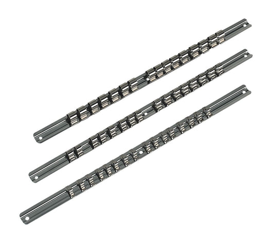 Sealey Socket Retaining Rail Set 3pc 1/4" 3/8" 1/2"D 410mm Rails 16 Clips AK270