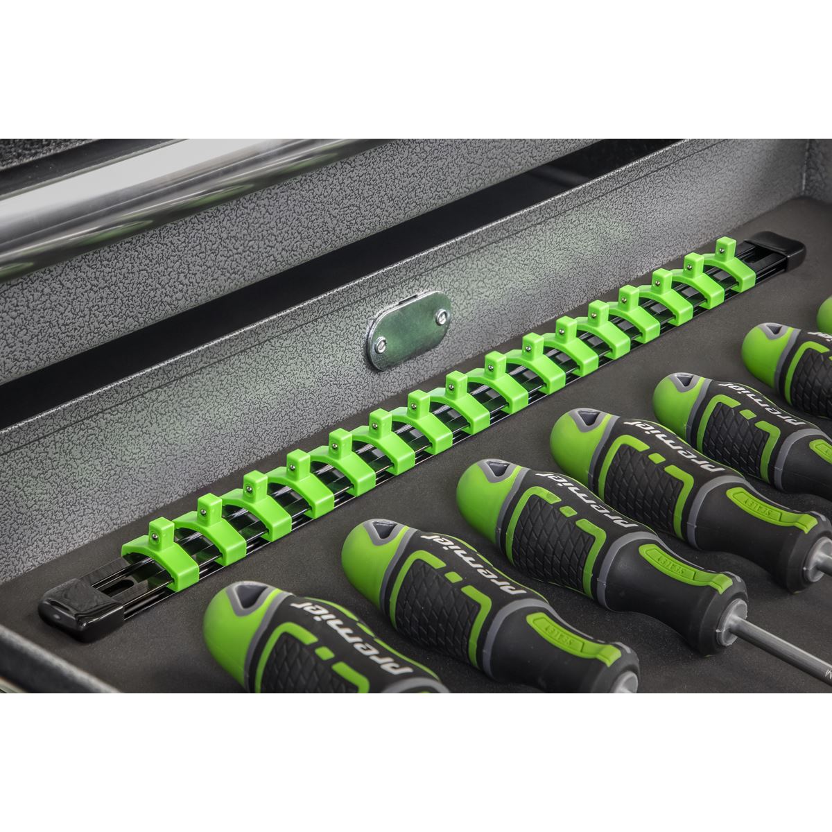 Sealey Socket Retaining Rail with 16 Clips 1/4"Sq Drive Hi-Vis Green AK27052HV