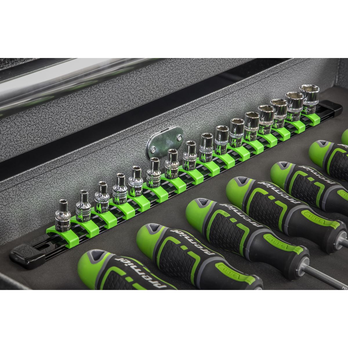 Sealey Socket Retaining Rail with 16 Clips 1/4"Sq Drive Hi-Vis Green AK27052HV