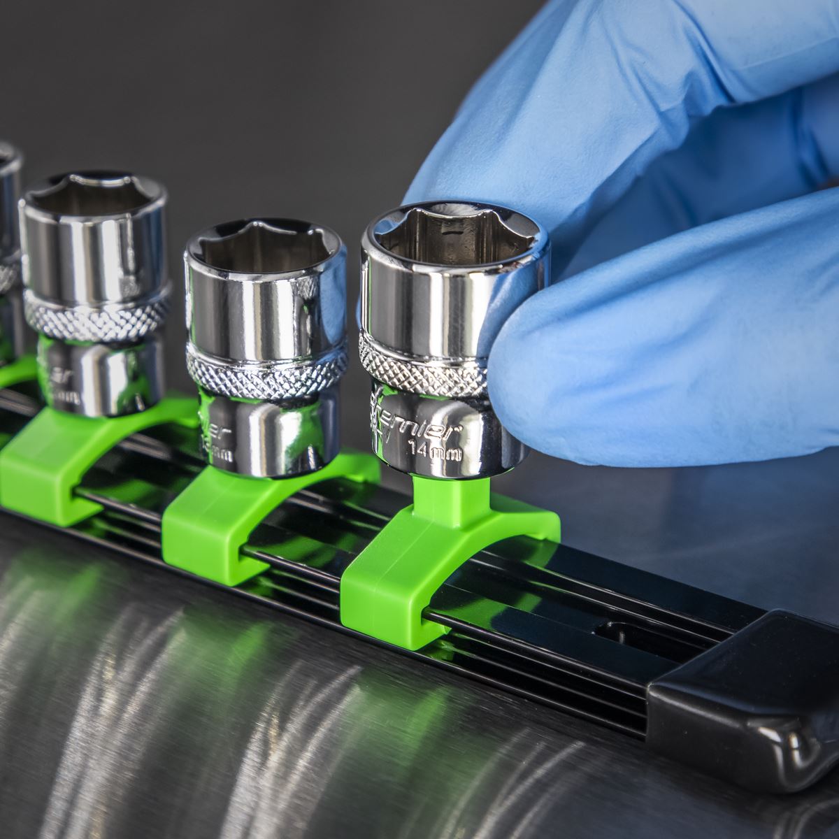 Sealey Socket Retaining Rail with 16 Clips 1/4"Sq Drive Hi-Vis Green AK27052HV