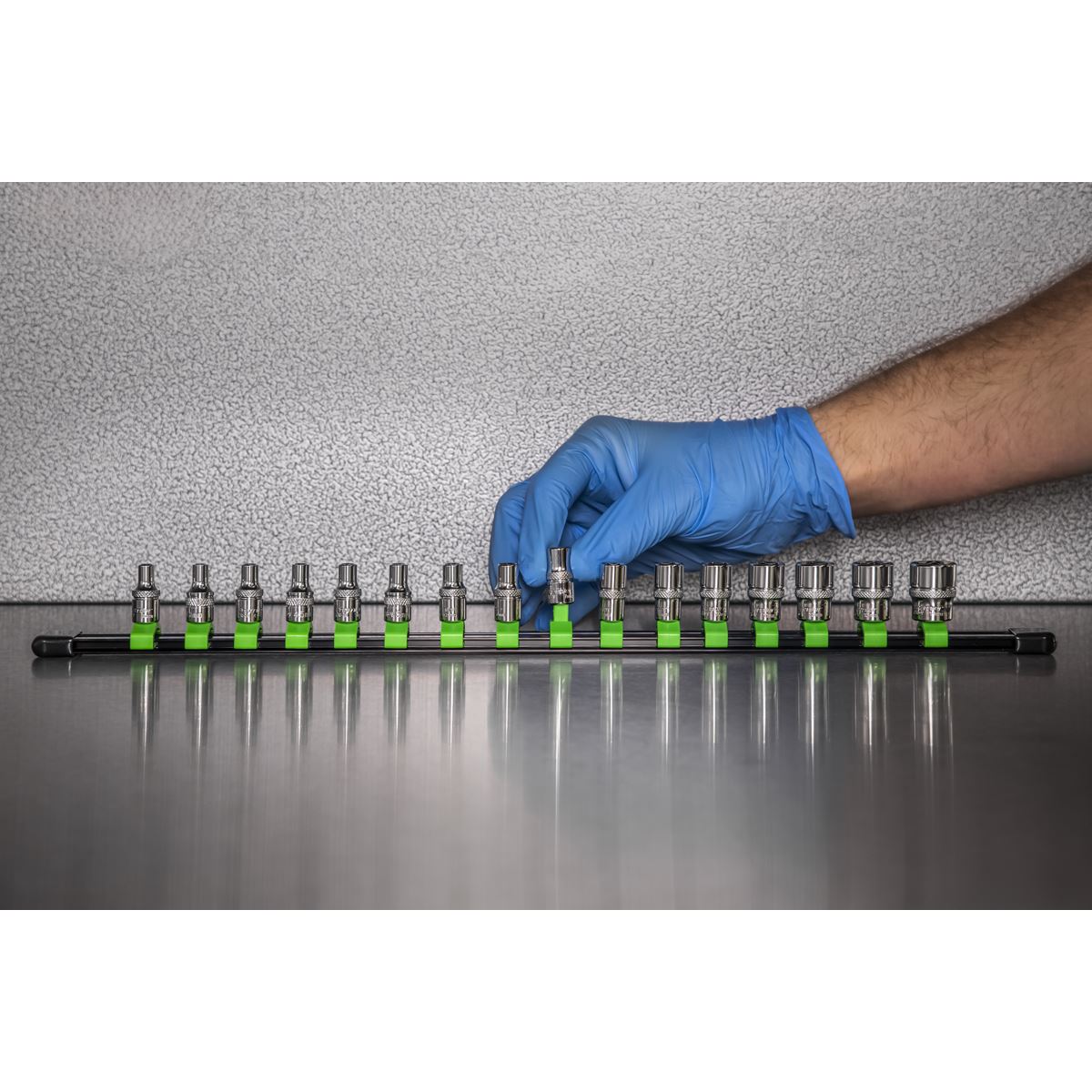 Sealey Socket Retaining Rail with 16 Clips 1/4"Sq Drive Hi-Vis Green AK27052HV