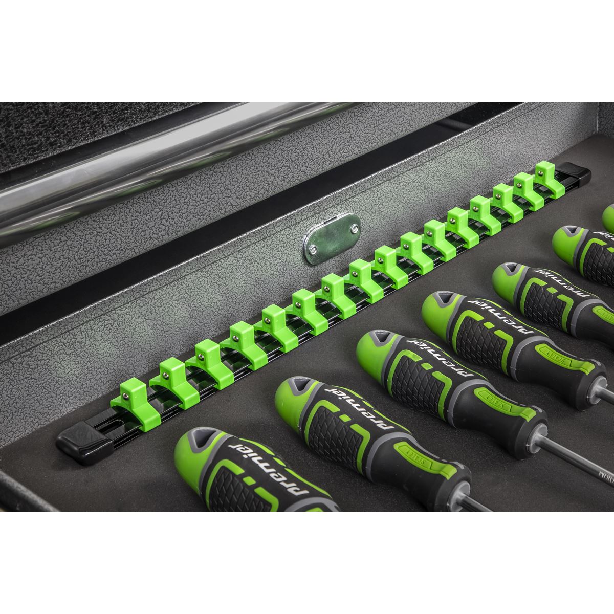Sealey 3/8"Sq Drive Socket Retaining Rail with 16 Clips Hi-Vis Green AK27053HV