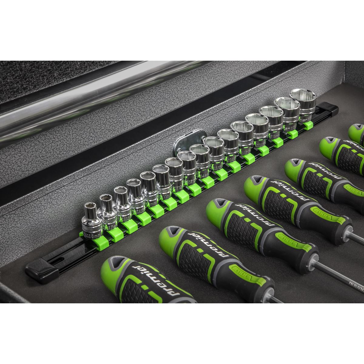 Sealey 3/8"Sq Drive Socket Retaining Rail with 16 Clips Hi-Vis Green AK27053HV