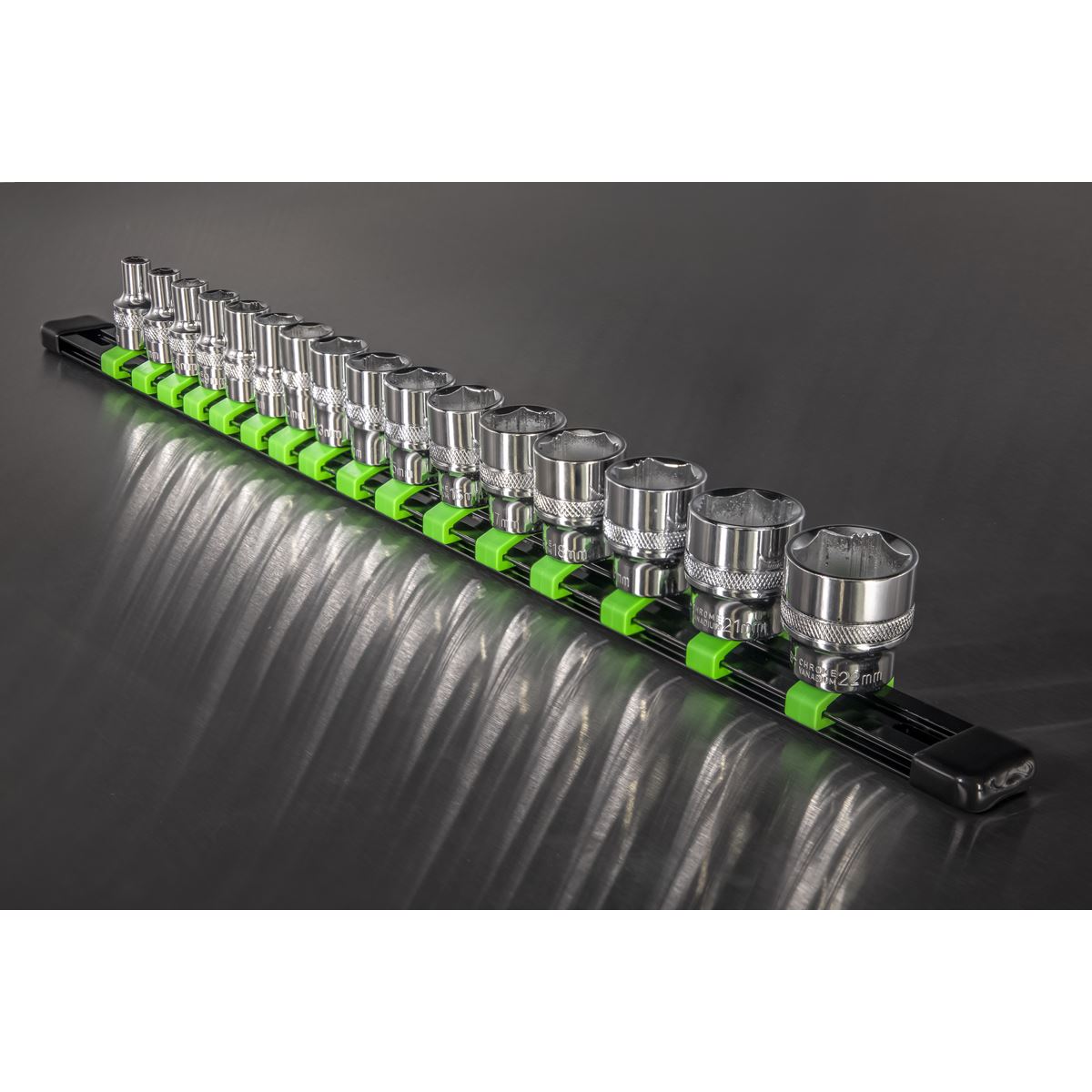 Sealey 3/8"Sq Drive Socket Retaining Rail with 16 Clips Hi-Vis Green AK27053HV