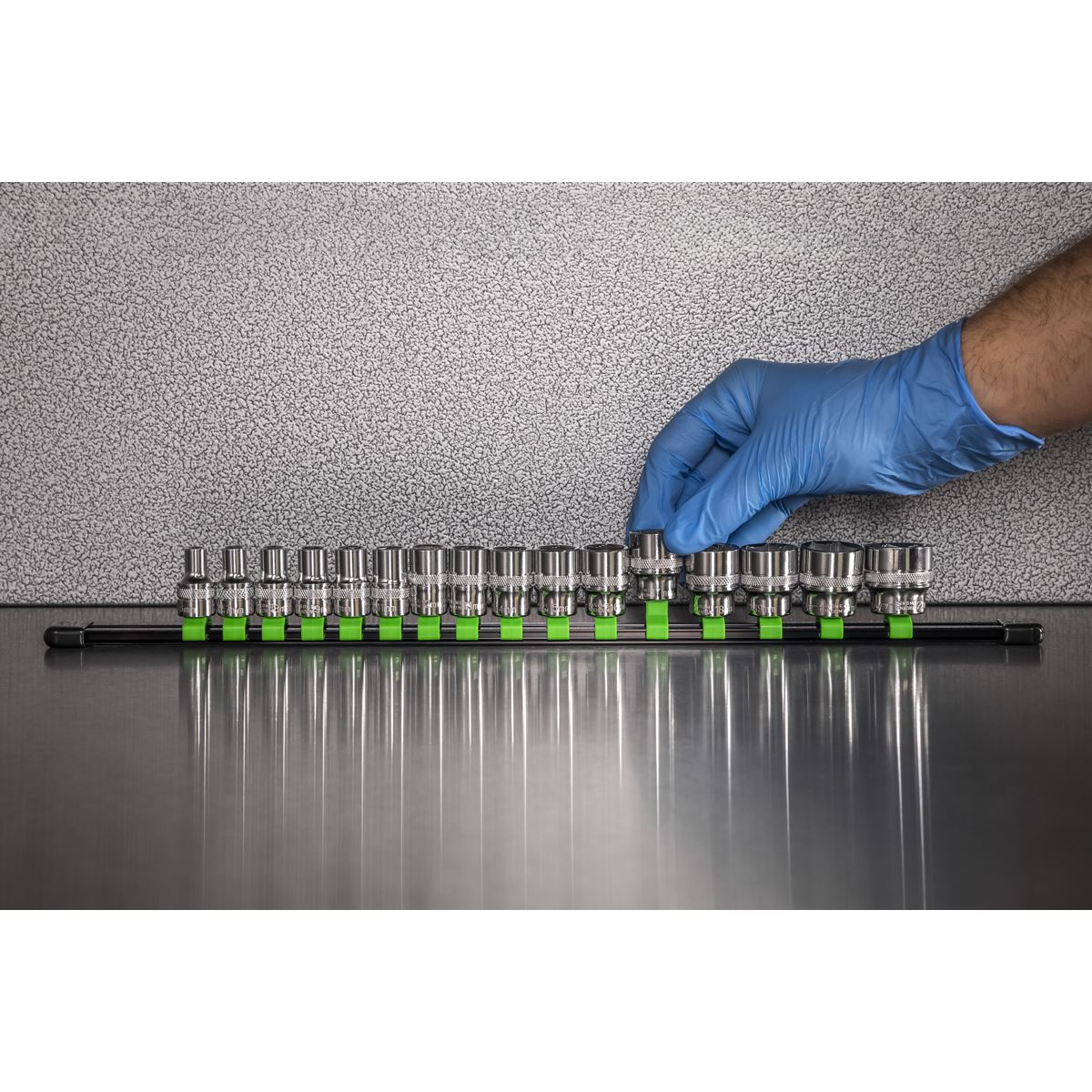 Sealey 3/8"Sq Drive Socket Retaining Rail with 16 Clips Hi-Vis Green AK27053HV