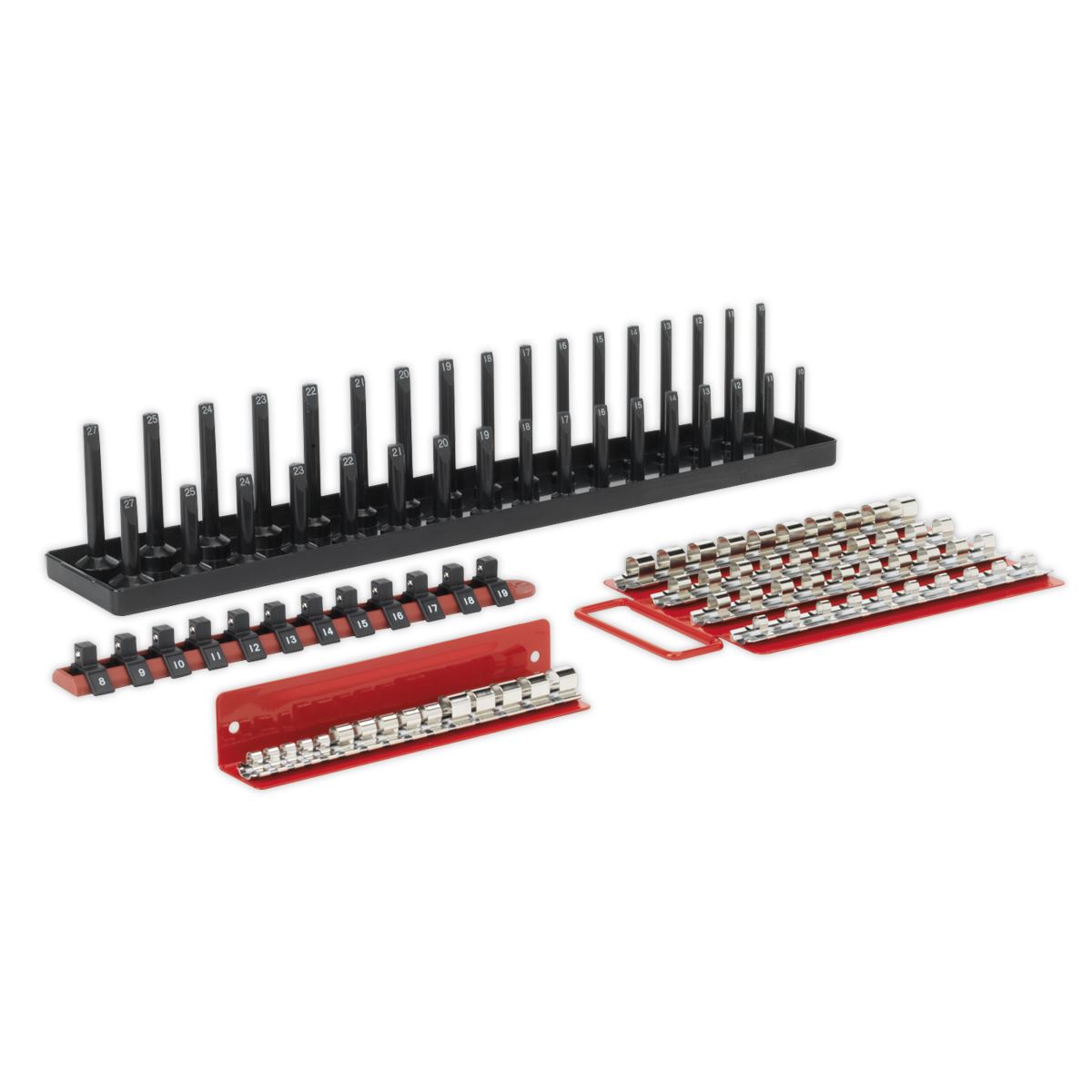 Sealey Socket Rail Tray Red 1/4" 3/8" & 1/2"D Four 430mm Rails With Clips AK271