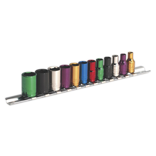 Sealey Metric Multi Coloured Socket Set 12pc 1/4"Sq Drive 6pt Standard AK282