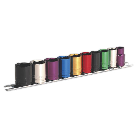 Sealey Metric Multi Coloured Socket Set 10pc 3/8"Sq Drive 6pt Standard AK285