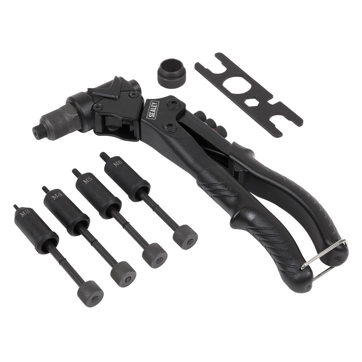Sealey Swivel Head 2 in 1 Riveter And Rivet Nut Tool Kit Four Sizes AK3992