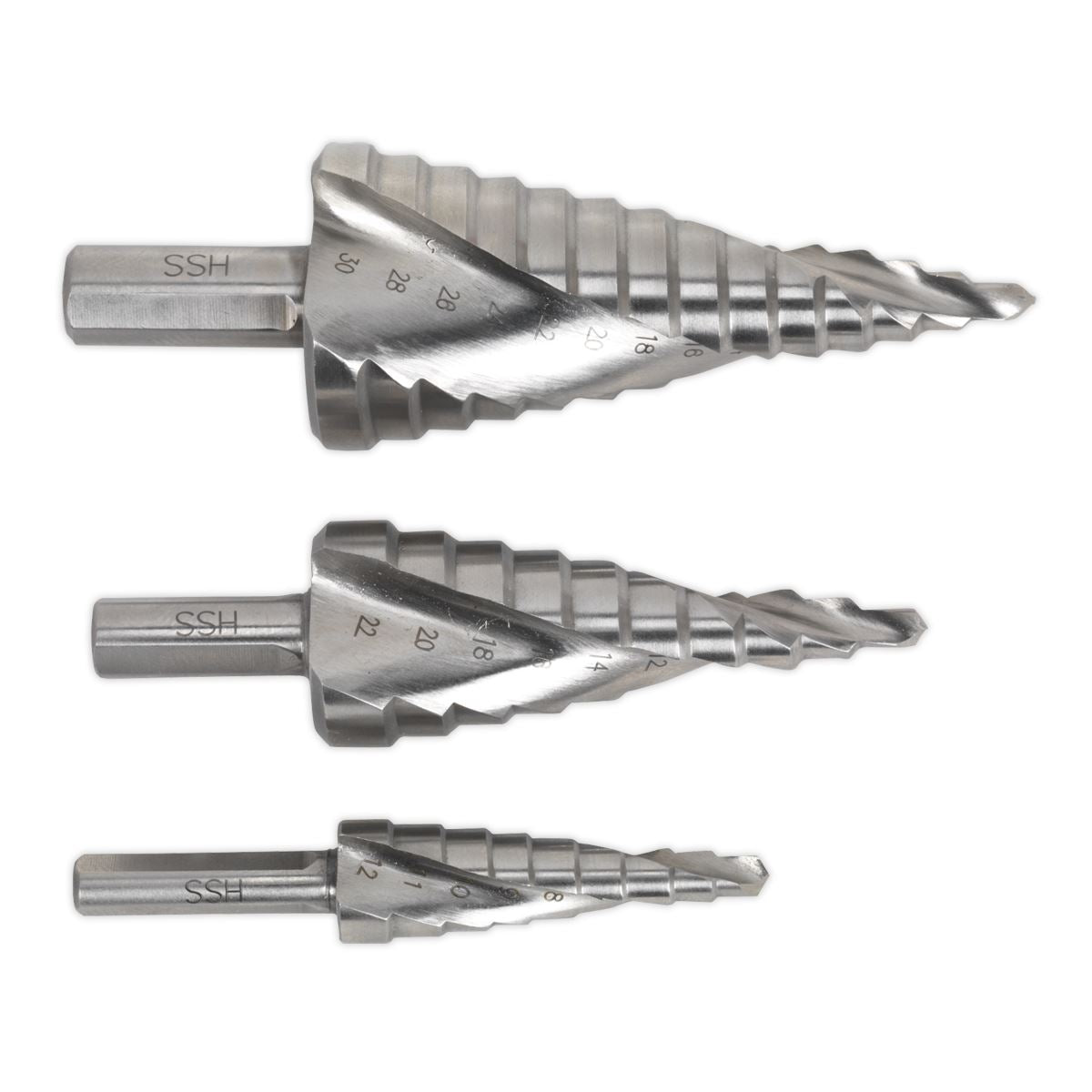 Sealey HSS M2 Step Drill Bit Set 3pc Spiral Flute AK4743