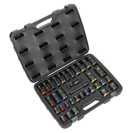 Sealey Lock On Standard & Deep Impact Socket Set 34pc 1/2"D 6pt Metric AK5636M