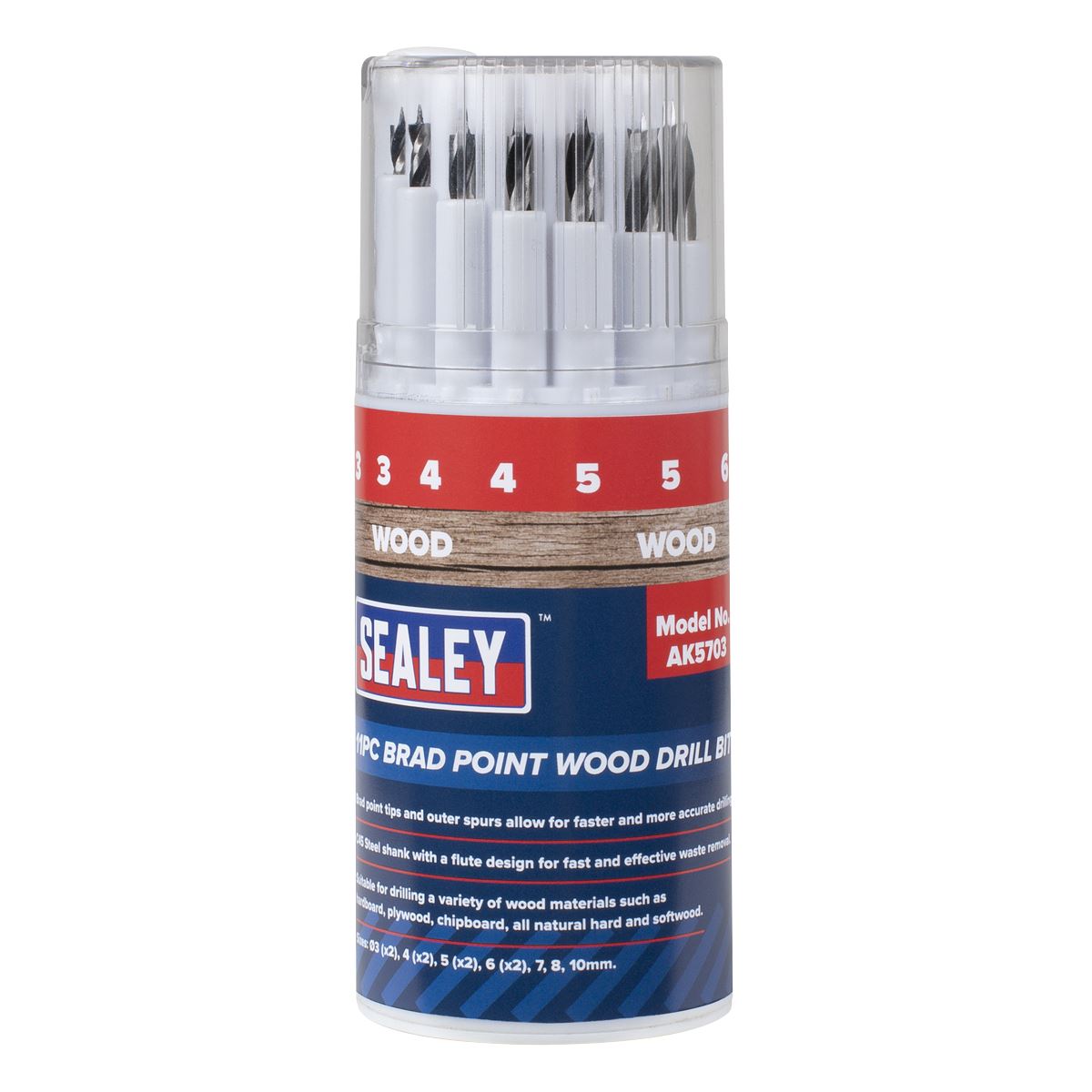 Sealey Brad Point Wood Drill Bit Set 11pc 3-10mm Plastic Storage Case AK5703